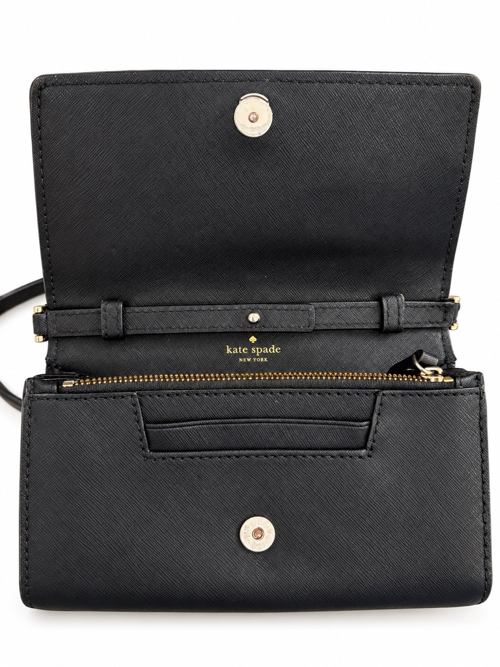 kate spade black Saffiano leather crossbody card case with gold hardware